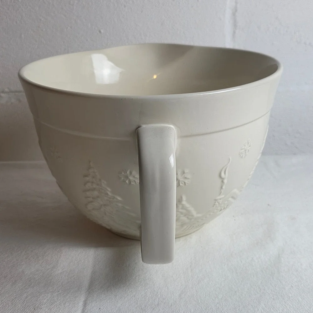 The Bake Shop Cream Embossed Winter Scene Stoneware Mixing Bowl Spout Handle